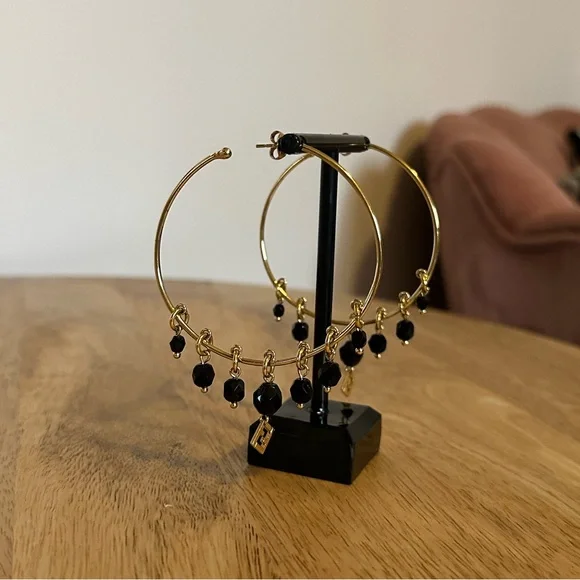 Fendi Gold Hoop Earrings with Black Bead Charms - Picture 1 of 7
